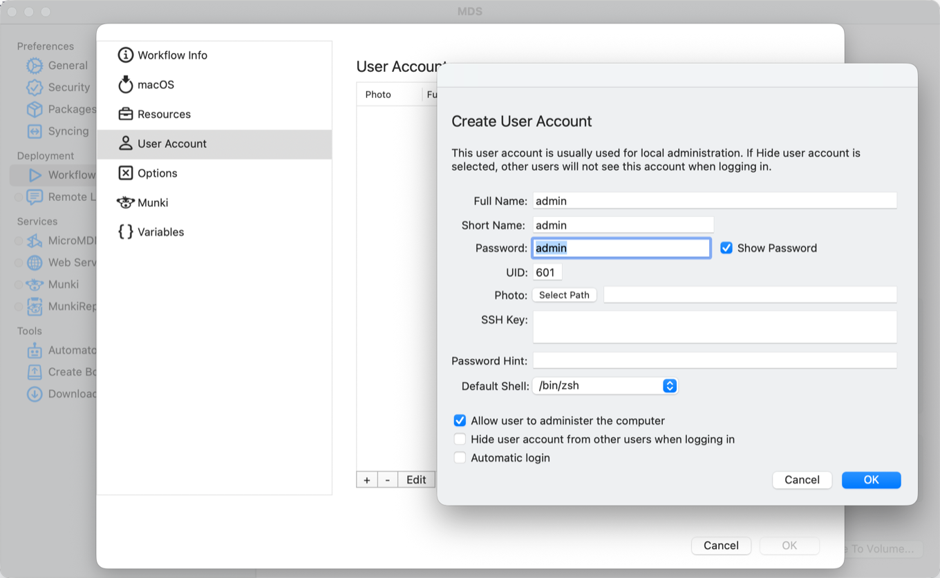 MDS Create User Account 弹窗