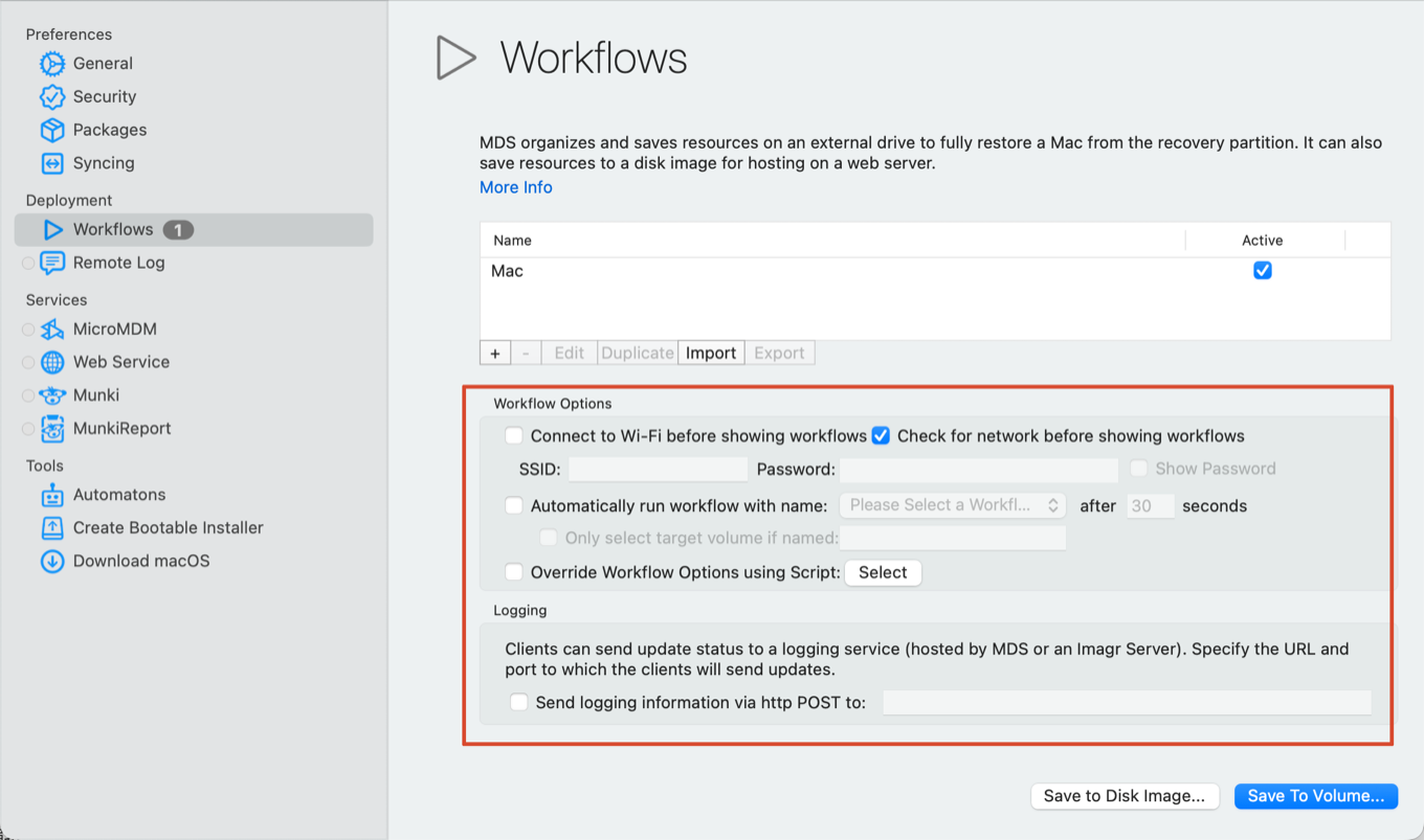 MDS Workflow Options 与 Logging 区域